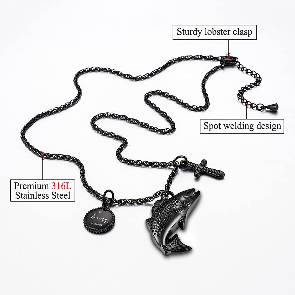 XIUDA Fish Urn Cremation Necklace for Ashes Urn Necklaces for Human Ashes in Loving Memory of Dad Fishing Locket Ashes Holder Keepsake Cremation Memorial Pendant Jewelry - Image 3