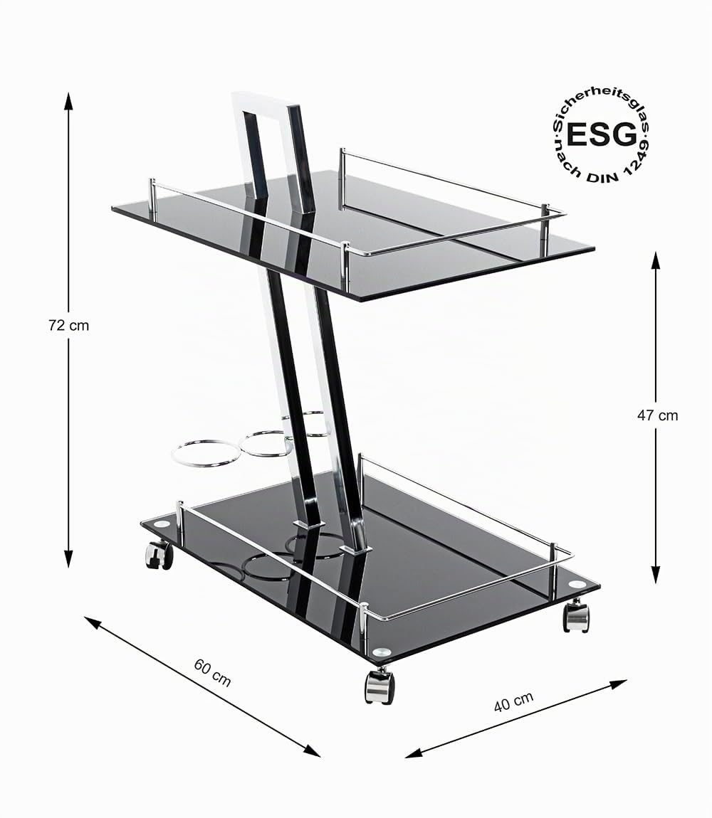 HAKU Carrello di Servizio Cromo, Nero, Metallo, Vetro di Sicurezza 8 mm - Dim. L 40 cm x A 72 cm x P 60 cm, Stile Moderno