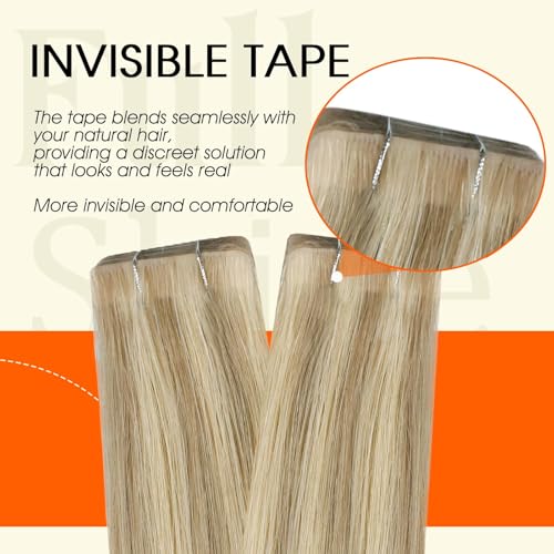 Image of Full Shine Blonde Tape in Hair Extensions Color 16P22 Injected Hair Extensions Tape in 14Inch Seamless Invisible Extension for Fine Thin Hair Cuticles Aligned Short Hair Compatibility 40G 20Pcs