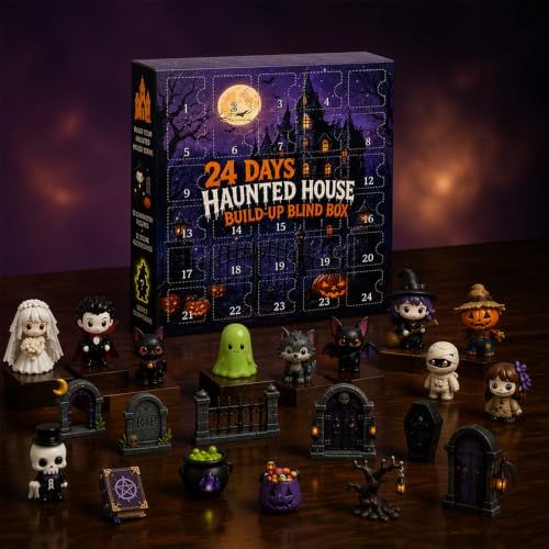 Halloween Advent Calendar 2026, 24 Days of Spooky Countdown Box with 24 Mini Figurines, Surprise Blind Box Acrylic Halloween Decor for Home Desk Shelf Mantel, Halloween Party Favors Holiday Gift, Haunted House