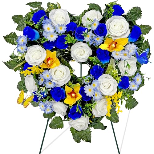 AILVEMEE Cemetery Wreaths for Graves Spring Heart-Shaped Wreaths for Cemetery Memorial Day Grave Wreath Headstone Wreaths on Metal Stand Artificial Flower Wreath:Blue Rose Daisy Cymbidium