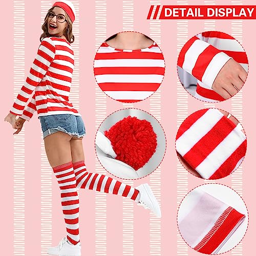 Maryparty Wally Costume Set Long Sleeve Red & White Stripe Top + Red & White Bobble Hat + Black Nerd Glasses Fancy Dress Costume Set for World Book Day (Women - Image 4