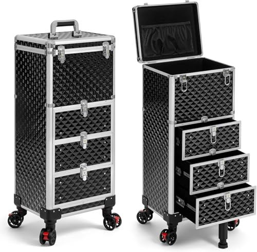 Image of Rolling Makeup Train Case with Drawers Cosmetology Case on Wheels | 4 in 1 Large Cosmetic Organizer for Hairstylist,Makeup Artist Nail Trolley Cart Salon Storage Traveling Cart Trunk