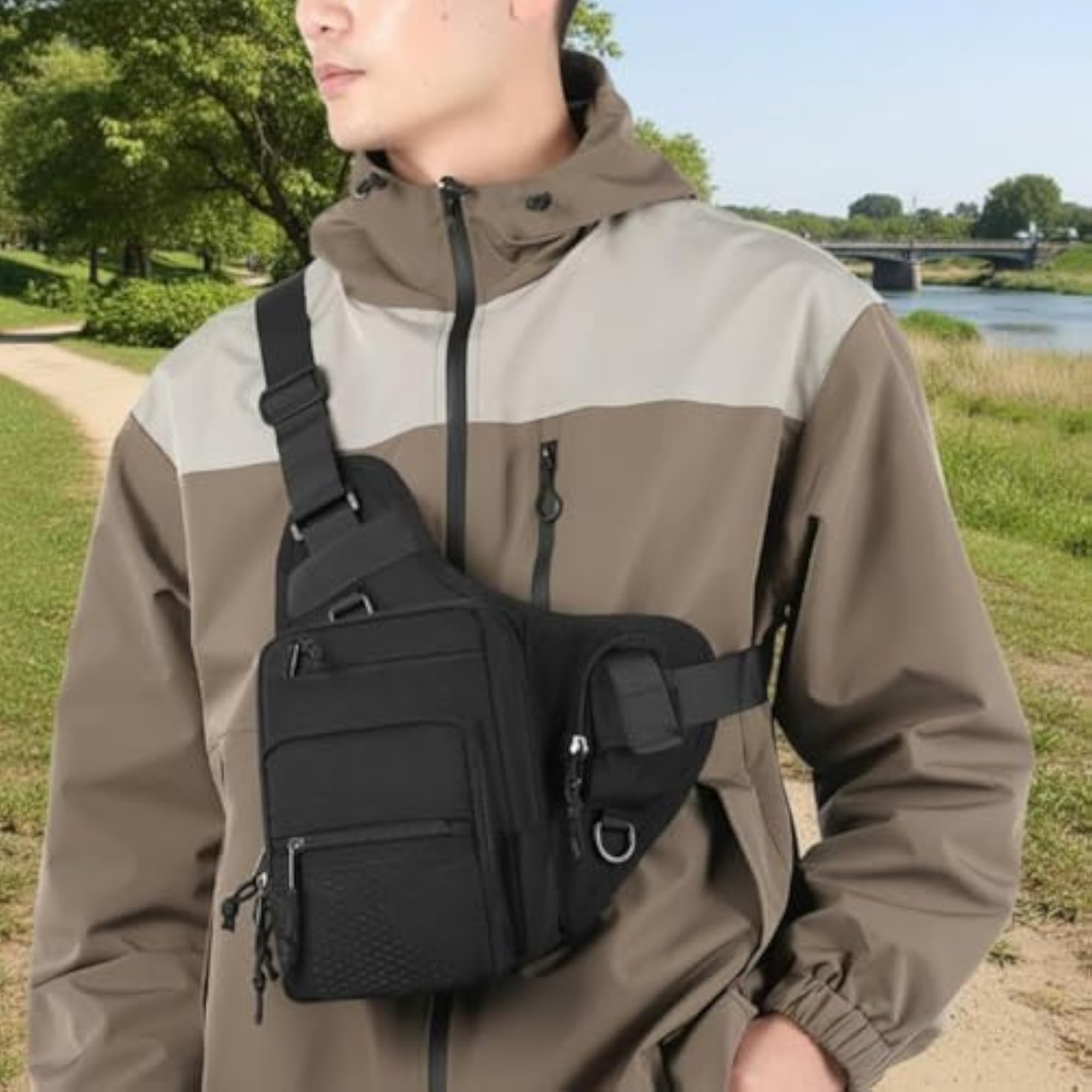 Vest-Design Chest Bag with Multiple Zippered Pockets, Practical Storage