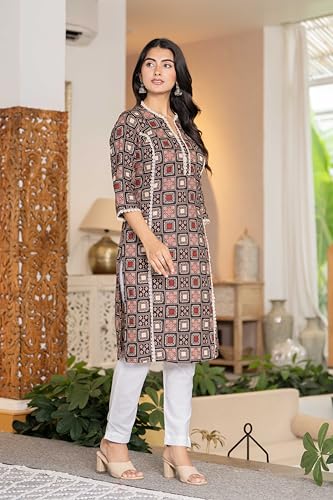 Image of Women's Cotton Straight Kurti with Geometric Print, 3 /4 Sleeves, Lace Trim Detail, Regular Fit, Casual Wear