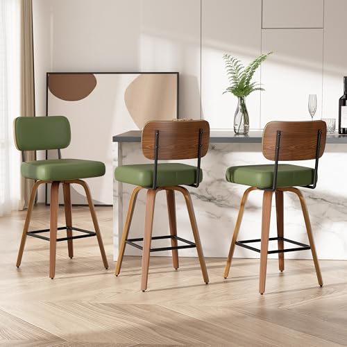 Image of Swivel Bar Stools Set of 3, 26 inch Upholstered Faux Leather Counter Height Barstools with Walnut Back & Bentwood Legs, Mid Century Modern Bar Chairs Island Stools for Kitchen Counter, Green