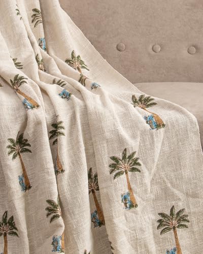 Image of Boho Throw Blanket - 100% Cotton Handblock Print Palm Tree Design, 50x70 Inch Lightweight Sofa Throw with Fringe - Tropical Boho Decor for Couch, Bed, or Living Room (R-HBTH00106)