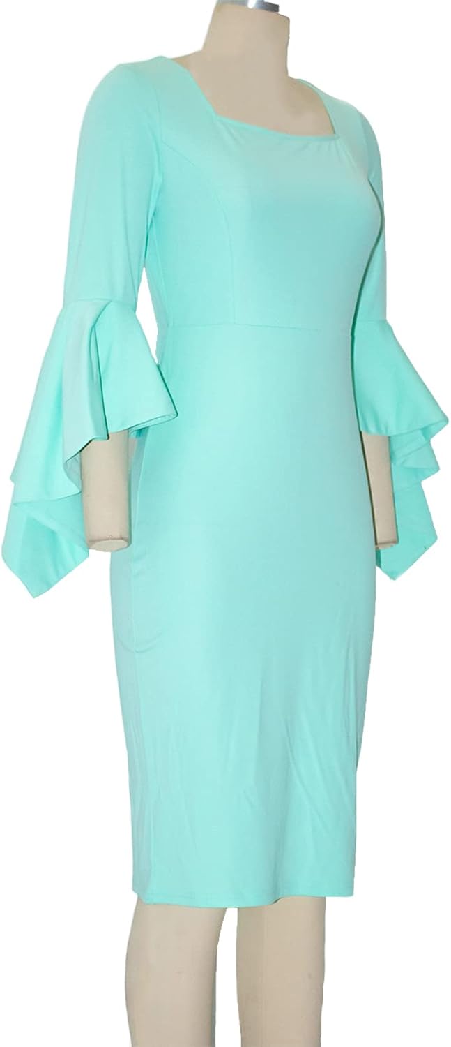 Cololura Women Three-Quarter Sleeve Flared Mid-Calf Elegant High Waist Formal Bodycon Midi Dress - Image 4