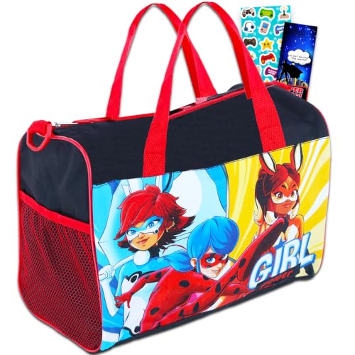 Bolsa de viagem infantil Zagtoon Miraculous Ladybug – Pacote com bolsa de viagem Miraculous Ladybug de 43 cm, mais adesivos e mais (bolsa de joaninha iraculosa para meninas)