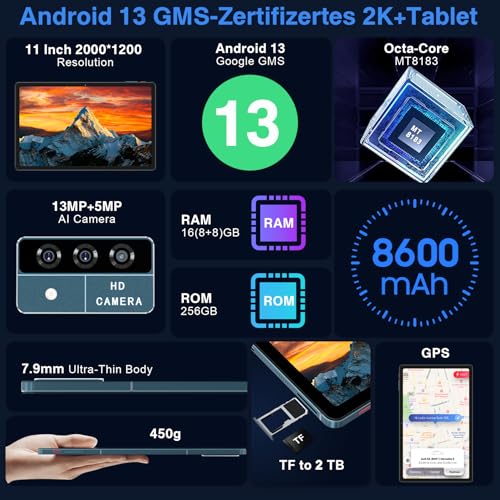 Image of Oangcc 11 Inch Android 13 Tablet, 16GB RAM+256GB ROM+2TB Expand, 2K Display 2000x1200, Octa-Core Tablets, 8600mAh, Quad Speakers, Dual-Band WiFi, 13MP Triple Camera, Split Screen, GPS - Blue with Case
