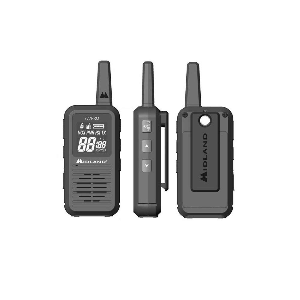 Midland - Walkie Talkie 777 Pro, 2 Ricetrasmittenti Professionali per Security, 85 Canali - 16 PMR446/69 LPD, 38 CTCSS e 104 DCS, Autonomia 14H, Copertura 6Km, Display Digitale, Batterie Ricaricabili