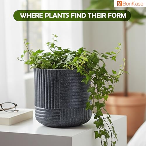 Image of Bonkaso 15 Inch Ribbed Planter Pot for Indoor & Outdoor Use | Round Heavy Duty Polymer Flower Pot | Lightweight Weather Resistant Modern Gamla for Living Room Balcony & Terrace (Dark Grey)
