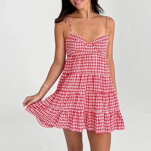 Women Y2k Gingham Dress Spaghetti Strap Tie Back Plaid Mini Dresses Summer Flowy Smocked Sundress2