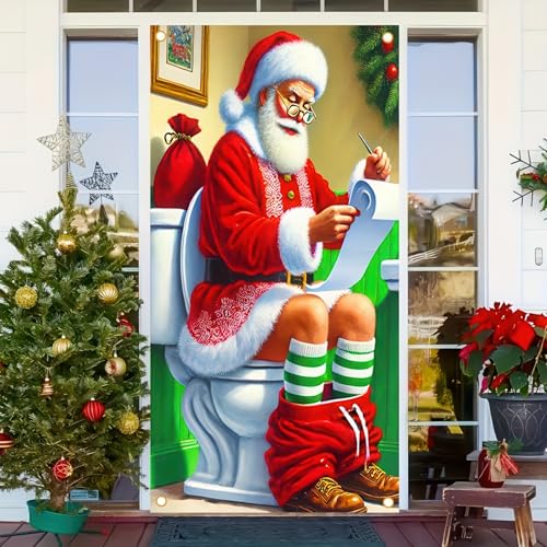 Image of BlissYard Christmas Door Cover 71x35 Inch Funny Santa Claus Toilet Door Banner Christmas Decoration for Home Indoor Outdoor Holiday Party Photo Backdrop Winter Door Hanging Decor