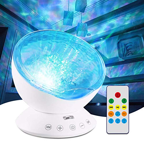 Jusale Ocean Wave Projector Remote Control Night Light with Speaker 7 Modes Undersea LED Lamp for Kids Adults