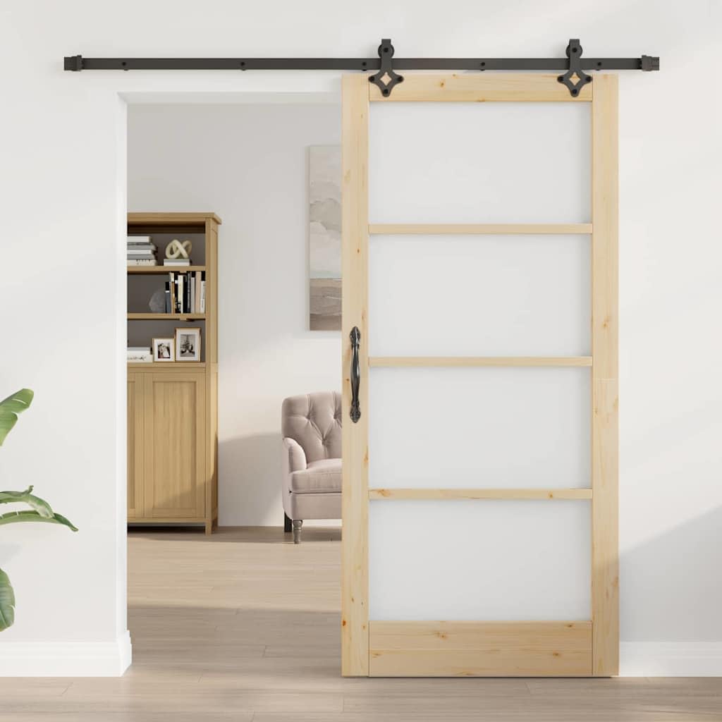 Drzwi przesuwne ORKDAL z litego drewna sosnowego i szkła, 93 x 202 cm, czarne i naturalne, do salonu, sypialni, kuchni, z cichym systemem przesuwnym i konstrukcją oszczędzającą miejsce