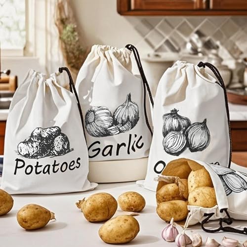 3 Algodón Organizador Patatas Y Cebollas, Caja Para Guardar Patatas, Bolsas Organizadoras Para Verduras Y Frutas, Con Cremallera Lateral, Para Refrigerador, Casa, Camping