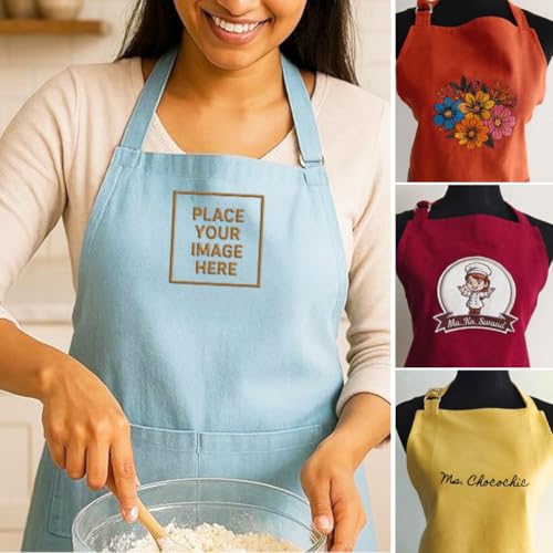 Image of Personalized Custom Apron - 100% Cotton, Adjustable Neck strap, Large Pocket - Unisex Apron for Men & Women - Cooking, Baking, BBQ, Customizable