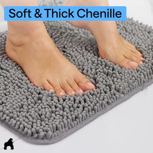 Image of Gorilla Grip Plush Absorbent Shaggy Chenille Bath Rug Mat for Toilet Base with Rubber Backing, Machine Washable, Microfiber Bathroom Contour Mats for Toilets, Bath Room Decor, Square, 22.5x19.5, Grey