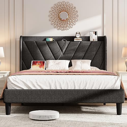 Image of koorlian Full Size Bed Frame, Full Bed Frame with Headboard, Adjustable Upholstered Bed Frame with Type-C&USB Port, Wingback Storage Headboard, Noiseless, No Box Spring Needed, Dark Gray