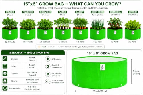 Image of Grow Bag UV Protected 260 GSM | HDPE Grow Bags for Plants | Heavy Duty Green Garden Plant Grow Bag with Drainage Holes | Reusable Vegetable Grow Bag for Terrace Gardening (6, 15X6 INCH)
