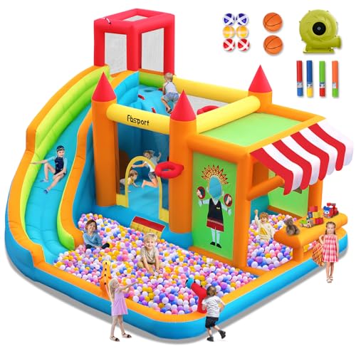 FBSPORT Inflatable Bounce House Water Slide, Bounce House for Kids with Toy Market Stand Splash Pool Bouncer Climbing Wall Water Gun Ball Dart, Bouncy Castle W/620W Blower for Outdoor Indoor, Red