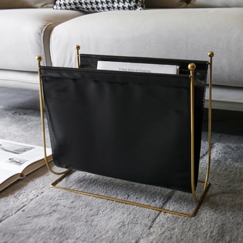 lesermoorer Black Leatherette Magazine Rack Holder, with Metal Ball Bracket,Modern Fashion Style for Books,Newspapers,Home Staging,Bedroom,Hotel,Offices and Living Rooms