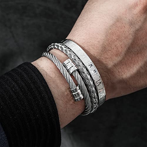 Funeia 3Pcs Stainless Steel Bracelet Set For Women Men Gold Black Silver Cuff Bracelet Mens Crown Twisted Cable Roman Numeral Bangle Bracelet Luxury Bracelets Jewelry Gifts #TOP1