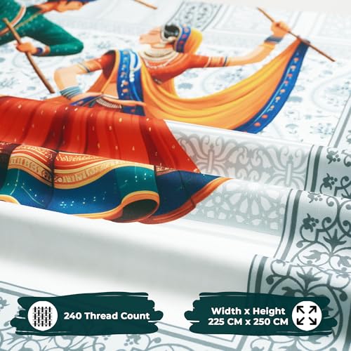 Image of Story@Home Rajasthani Theme Jaipuri Bagru Sanganeri Traditional Print Double Bedsheet 250x225 cm with Pillow Covers | Cotton Feel 240 TC Fabric | Grey Ethnic Motif | Soft & Durable