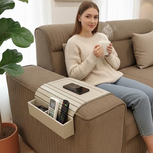 Image of Home Sparkle Flexible Wooden Premium Sofa Armrest Tray | Non-Slip Couch Table with 2 Side Holders | Remote, Phone & Cup Holder Organizer for Snacks, Drinks & Small Items (P4)