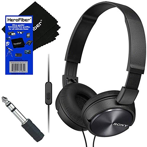 Sony Wired On-Ear Foldable Stereo Headphones with Microphone MDR-ZX310AP (Black) + 3.5mm Mini Plug to 1/4 inch Headphone Adapter & HeroFiber Ultra Gentle Cleaning Cloth