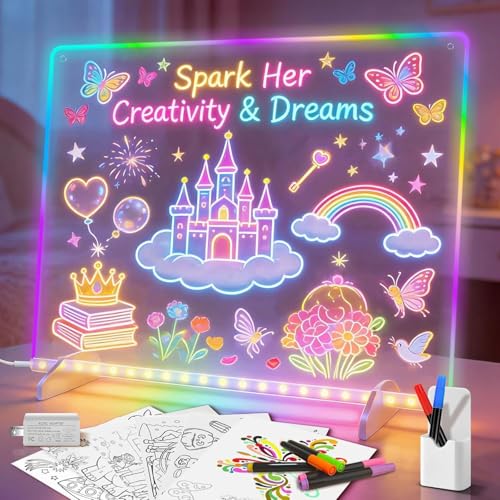 Tableau lumineux Message LED 35 x 25 cm, Tablette lumineuse Dessin Enfant, 13 Modes En acrylique Avec adaptateur pour tableau à peindre, mémo, publicité, Cadeau...