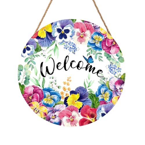 Welcome Spring Summer Floral Flowers Wreaths Sign for Front Door Decor Farmhouse Spring Wood Door Hanger Rustic Wooden Welcome Spring Hanging Door Wall Sign for Outdoor Outside Porch 12×12