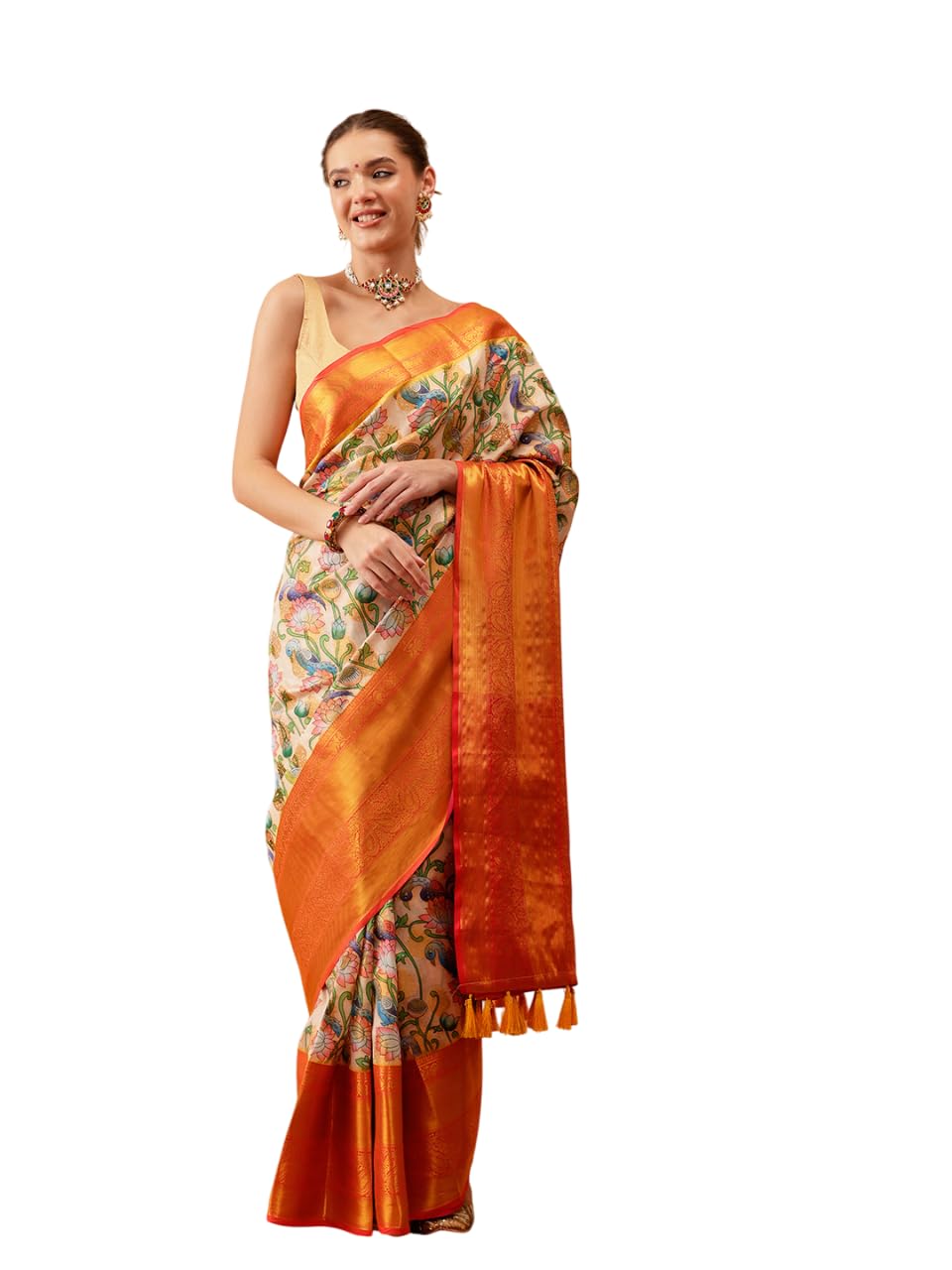 Enthone Printed Chanderi Cotton Animal Digital Printed Mustard Cotton Blend Ready to Wear Saree With Attached Unstitched Blouse Piece