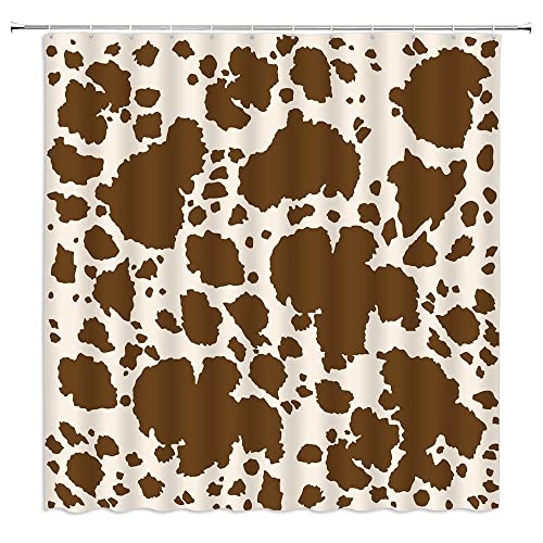 Brown Cowhide Shower Curtain Funny Farm Animal Skin Milk Cow Skin Look Cow Print Vintage Western Rustic Farmhouse Creative Fabric Bathroom Decor Curtain Sets With Hooks #TOP16