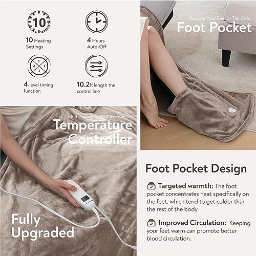 Image of Wapaneus Foot Pocket Heated Blanket Electric Throw with 10 Heating Levels and 4 Timer Settings 4 Hours Auto Shut Off, Flannel Fast-Heating Heated Throw 50 inch x 60 inch, Machine Washable, Mushroom