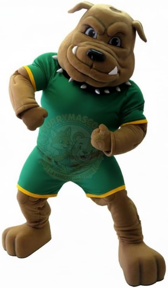 Brown Tough Bulldogs Mascot Costumes in Green Jerseys Colleges School Spirit Mascots & COOLING FAN