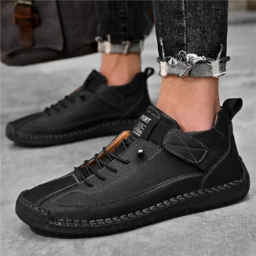 Image of Men'S Hand Stitching Leather Chukka Ankle Boots with Adjustable Elastic Band Casual Slip-On Non-Slip Walking Loafers Retro High Top Flat Shoes