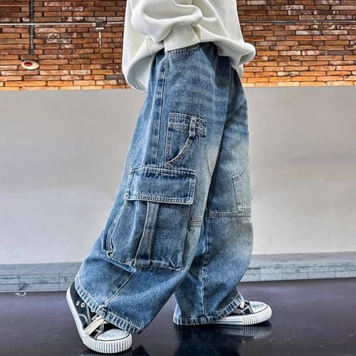Girls Boys Y2k Streetwear Wide-Leg Jeans Pants Cool Hip Pop Trendy Straight Denim Trousers Zipper Pocket Baggy Cargo Pants2