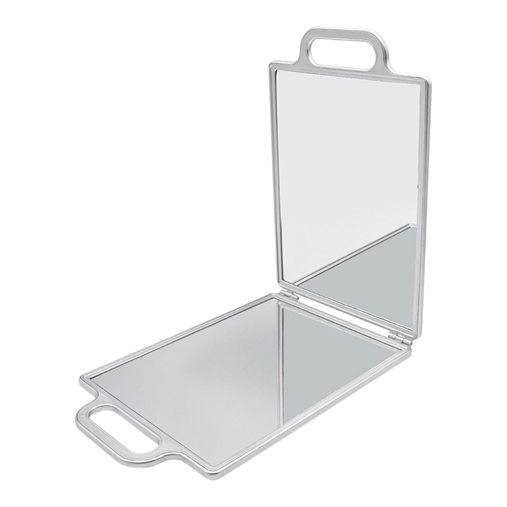 BETOOKY Specchio da Pieghevole Doppia Faccia con Doppia Maniglia, Portatile in Vetro e Plastica Argento per Styling e Viaggio
