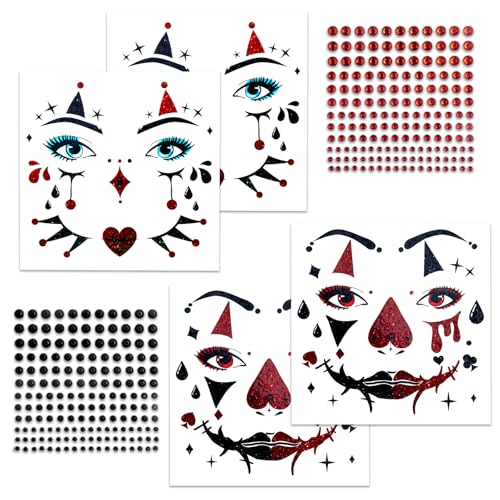 4Pcs Tatuaggio Facciale Pagliaccio + 2Pcs Brillantini Adesivi di Gemme,Tatuaggi Viso Pantomima,Fogli Halloween Tatuaggi Temporanei,per Cosplay Carnevale Halloween