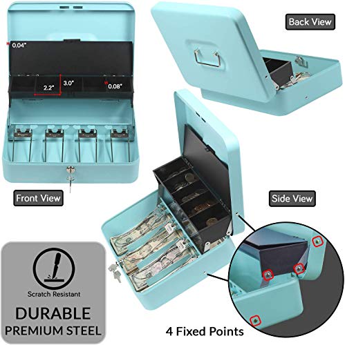 Cash Box With Key Lock - Steel Tiered Money Coin Tray With Lid Cover And Bill Slots | Portable Compact Safe | 4 Keys | Cyan Metal Lockable Storage Box For Change, Petty Cash, Fundraiser, Garage Sale #TOP2