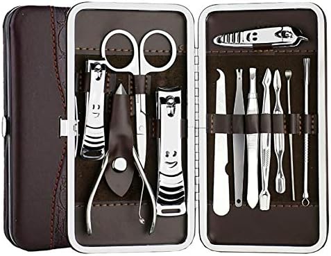 Okbool 12pcs Stone Pattern Stainless Steel Manicure Set for Men with Portable Travel Leather Case