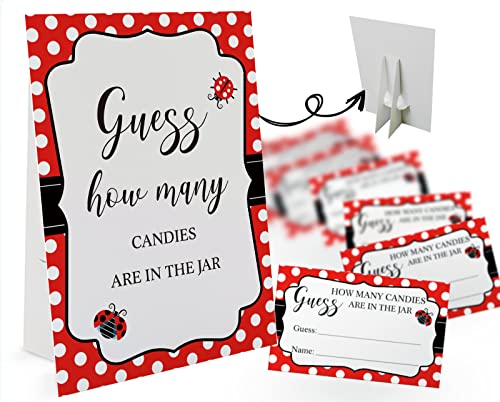 GNATV Candy Guessing Game Cards-1 Sign 8x11" and 50 Cards, Ladybug How Many Game Sign, for Boys Girls Birthday Party, Baby Shower, Party Games Activities and Decorations 01