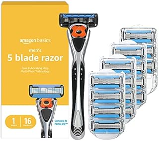 Amazon Basics 5-Blade MotionSphere Razor for Men with Dual Lubrication and Precision Trimmer, Handle & 16 Cartridges (Cartridges fit Amazon Basics Razor Handles only) (Previously Solimo)