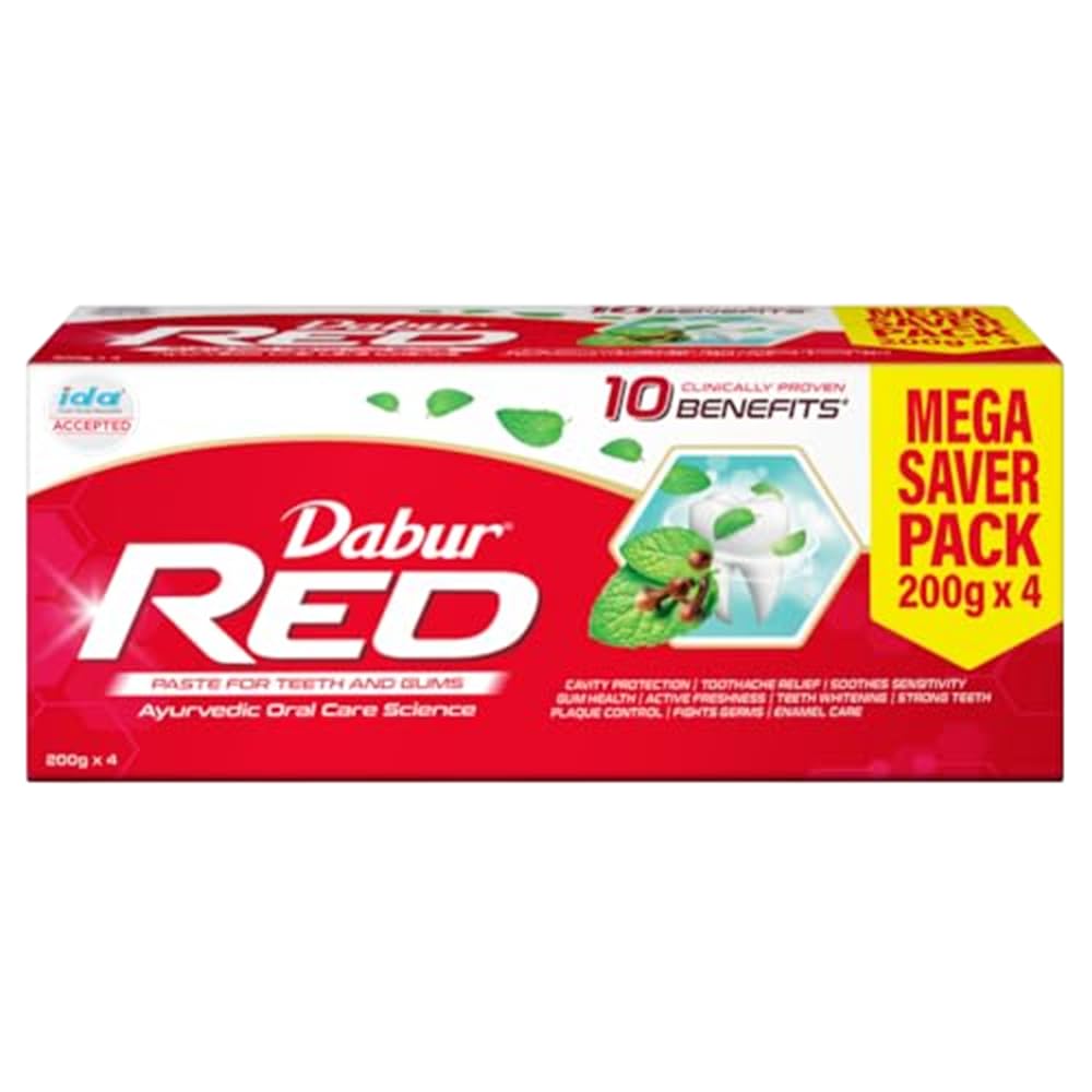 Dabur Red Toothpaste - 800g (200g x 4) | Provides Germ Protection, Cavity Protection, Plaque Removal | Prevents Gum Bleeding, Yellow Teeth, Toothache, Bad Breath