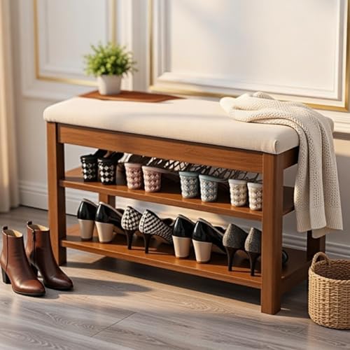 Image of Premium Sheesham Wood Shoe Rack with Upholstered Bench - 2-Tier Solid Wood Entryway Shoe Organizer - Durable Hallway Storage Bench for Living Room & Bedroom (Walnut, 24inch)