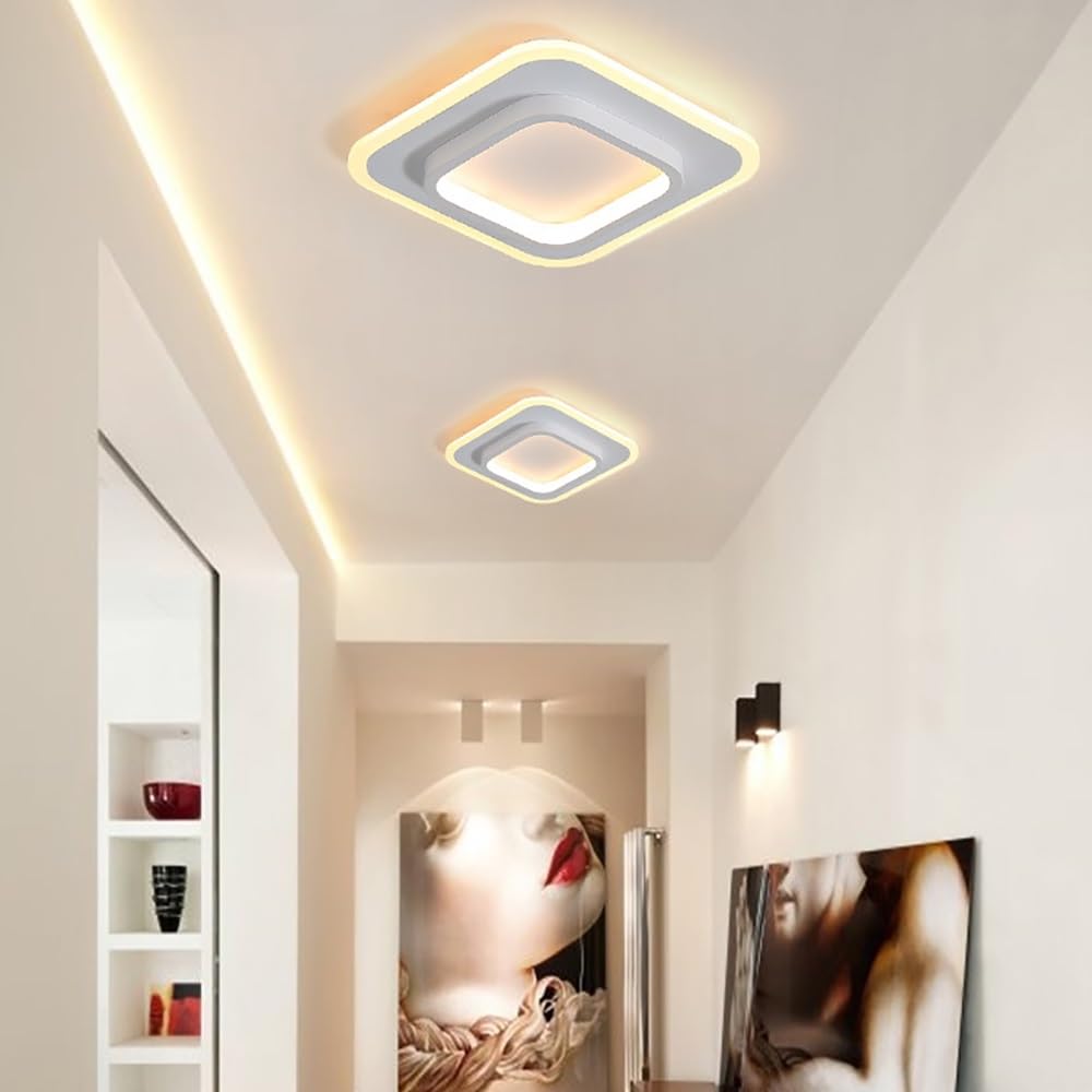 Nowoczesna Kwadratowa LED Lampy Sufitowa, Minimalistyczny Plafon Edge Lit Pierścień Oświetlenie Sufitowe CCT Regulowane Korytarz Wejście(White,24cm/9.44in)
