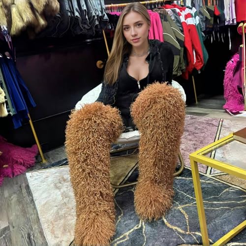 Image of Black Thigh High Fur Boots, Over the Knee Fluffy High Boots, Tall Furry shoes for Women
