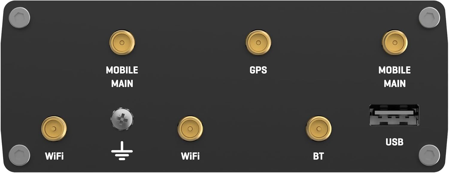 Close-up of Teltonika RUTX11 rear panel ports and indicators